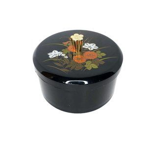 Japanese Lacquer Round Bento, Jewelry, Trinket Box, Red Fan, Gold Accent